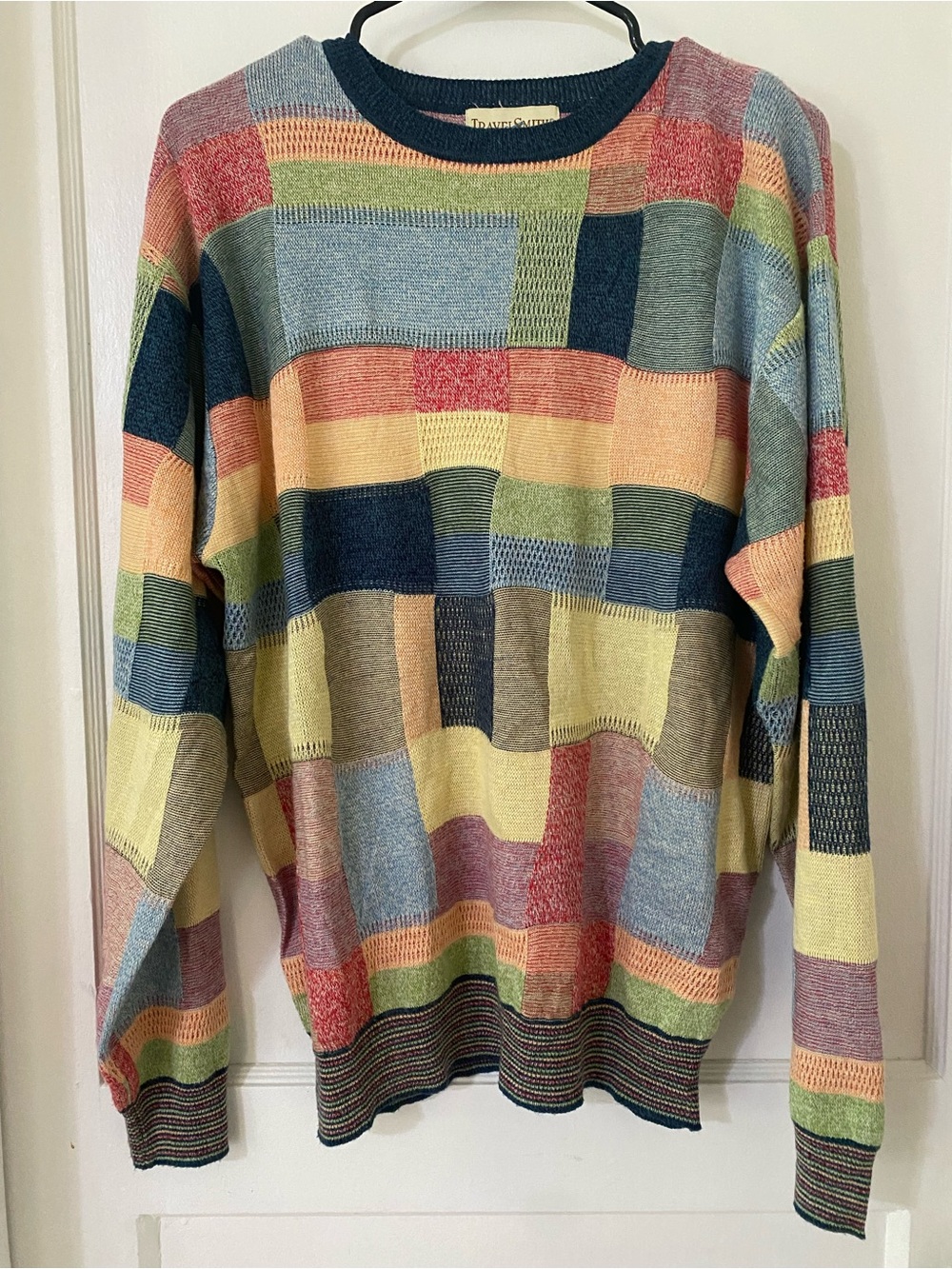 SMITH Multicolor Patchwork Crewneck Sweater - Blue, Pink, Yellow, Green, Tan